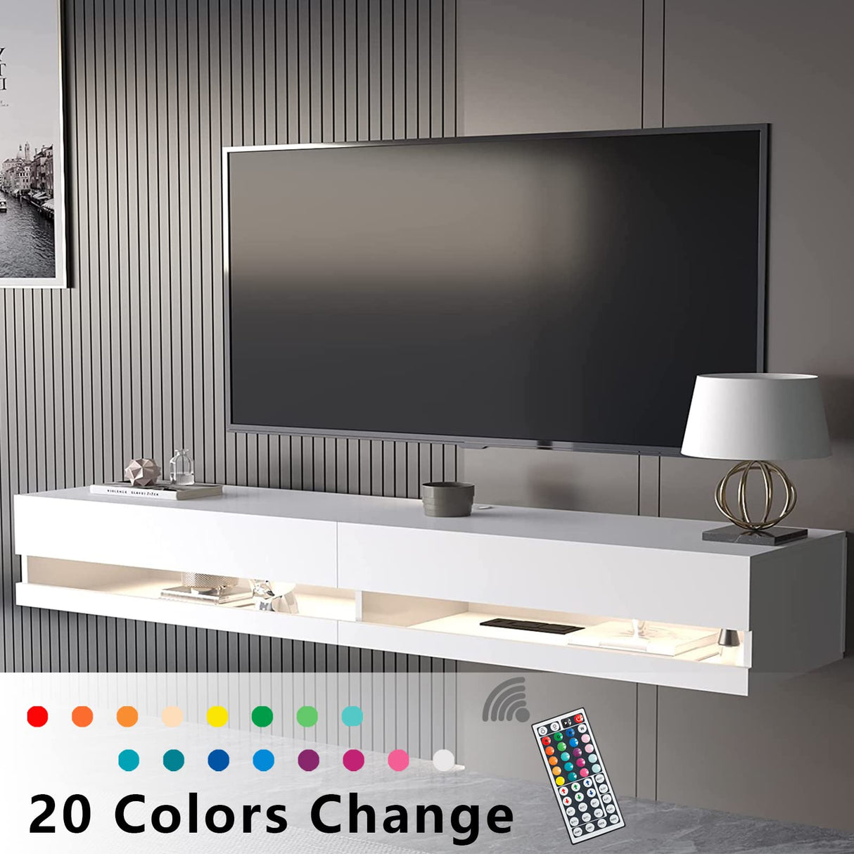 SUSSURRO Floating TV Stand Wall Mounted with LED Lights and Power Outlets, 71'' Modern High Gloss Entertainment Center for 85 inch TVs, Media Console Hanging TV Shelf for Living Room? White SUSSURRO