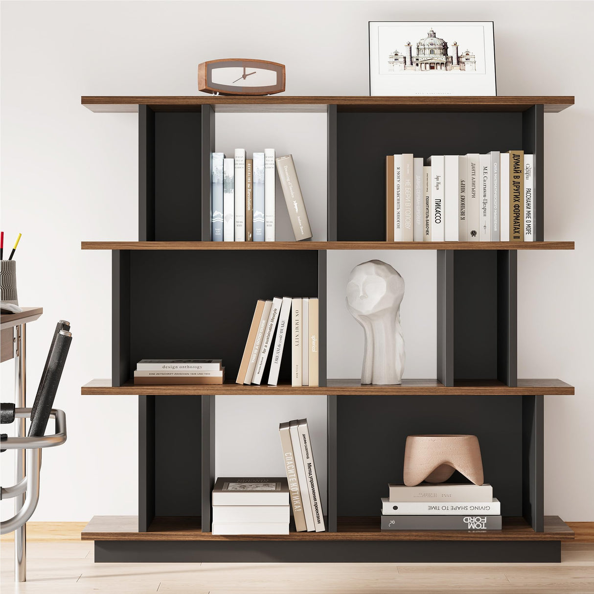 LIKEMET 3-Tier Horizontal Bookcase, 47'' Geometric Bookshelf with Anti-Tipping Kit, Open Modern Room Divider Display Shelf, Storage Organizer Shelf for Bedroom, Living Room, Office LIKEMET