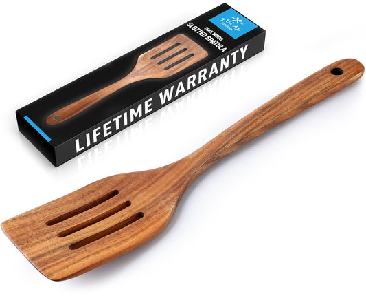 Zulay Kitchen Premium Slotted Spatula - Durable Teak Wooden Spatula For Cooking, Flat Wooden Spatula For Kitchen Use, Smooth Finish Natural Teak Spatula, Non-Stick Wooden Spatula