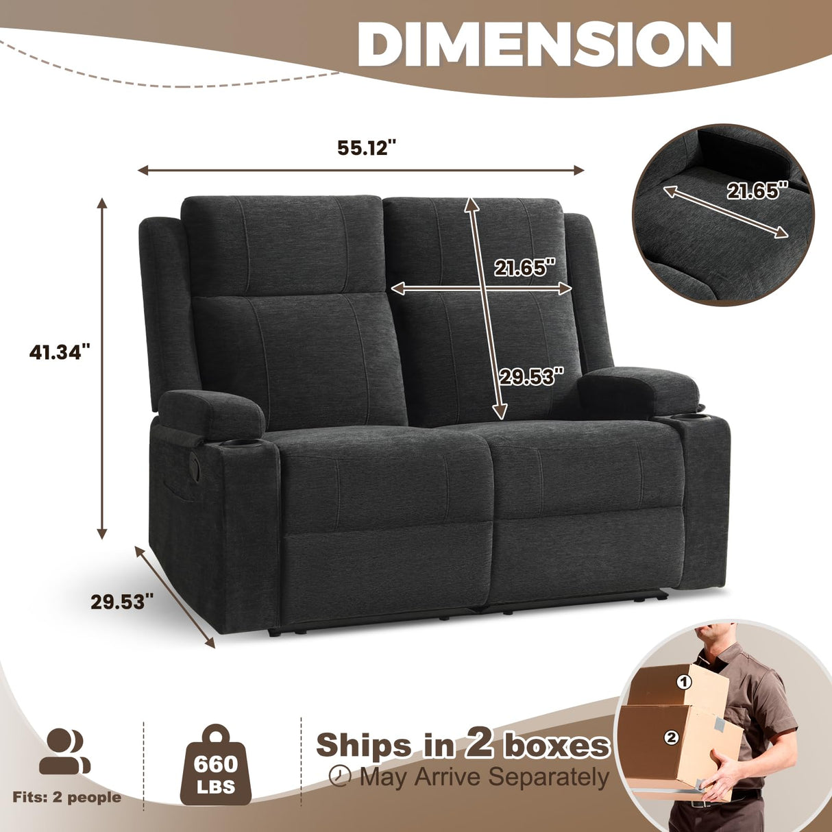PALLOME Manual Reclining Loveseat Sofa, 2-Seater Recliner Couch with Cup Holders, Fabric Reclining Sofa for Living Room/RV (Black) PALLOME