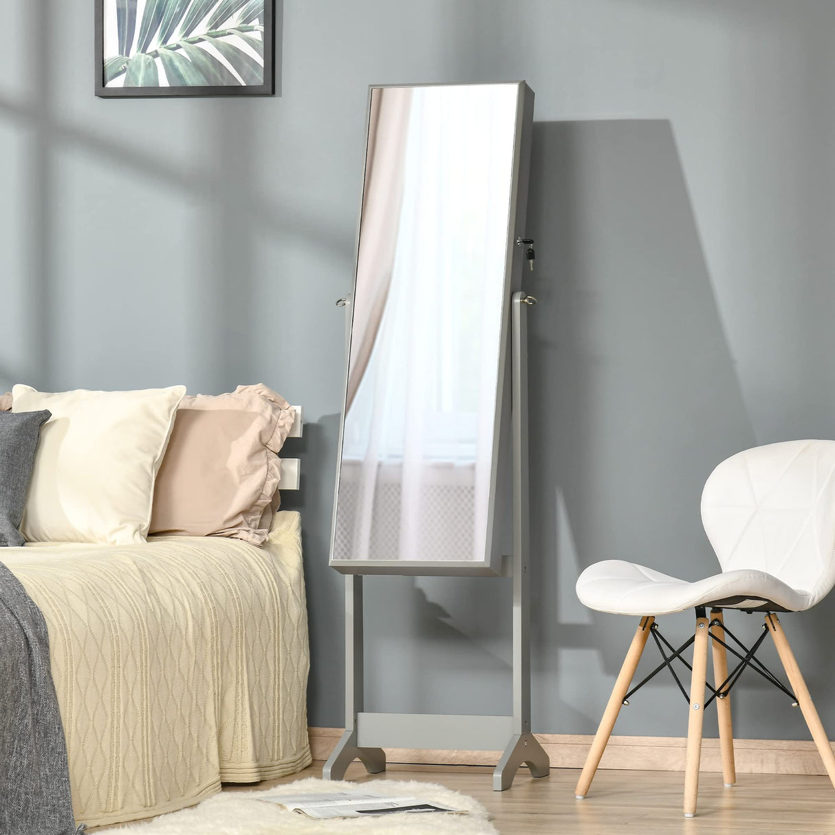 HOMCOM Floor Standing Jewelry Cabinet, Lockable Jewelry Organizer with Full-Length Mirror, and 3 Adjustable Angles, Grey HOMCOM