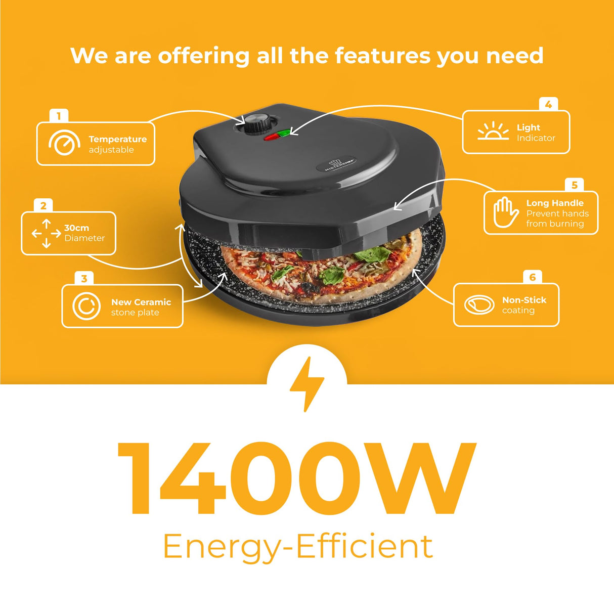 MisterChef Countertop Pizza Maker, 1450W Mini Pizza Oven, Pizza Maker Oven With 12″ Non-Stick Ceramic Plate, Indoor Electric Pizza Oven for Crepes, Pancakes - Black MisterChef