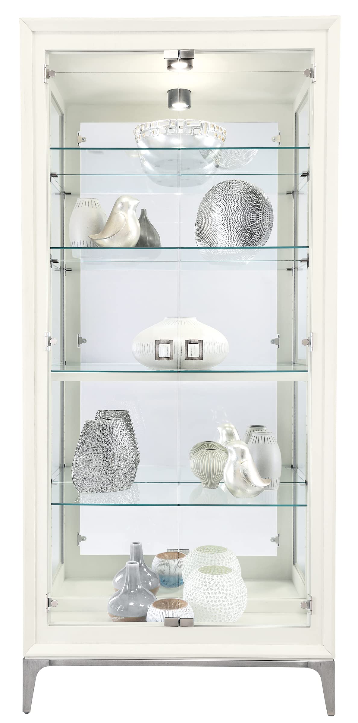 Howard Miller Sheena II Curio Cabinet – White Wire Brushed Display Cabinet Reclaimed Wood Look Aged Nickel Base & Square Pulls Hinged Glass Doors Adjustable Shelves & Mirrored Back for Home Decor Howard Miller