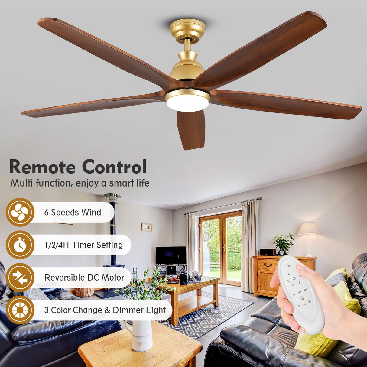 52 Inch Outdoor Ceiling Fans for Patios with Light, Large Airflow Ceiling Fan Indoor Exterior Ceiling Fan Damp Rated, Rustic Wood Ceiling Fan Gold for House Porch Gazebo Commercial, Quiet DC Motor YZEENM
