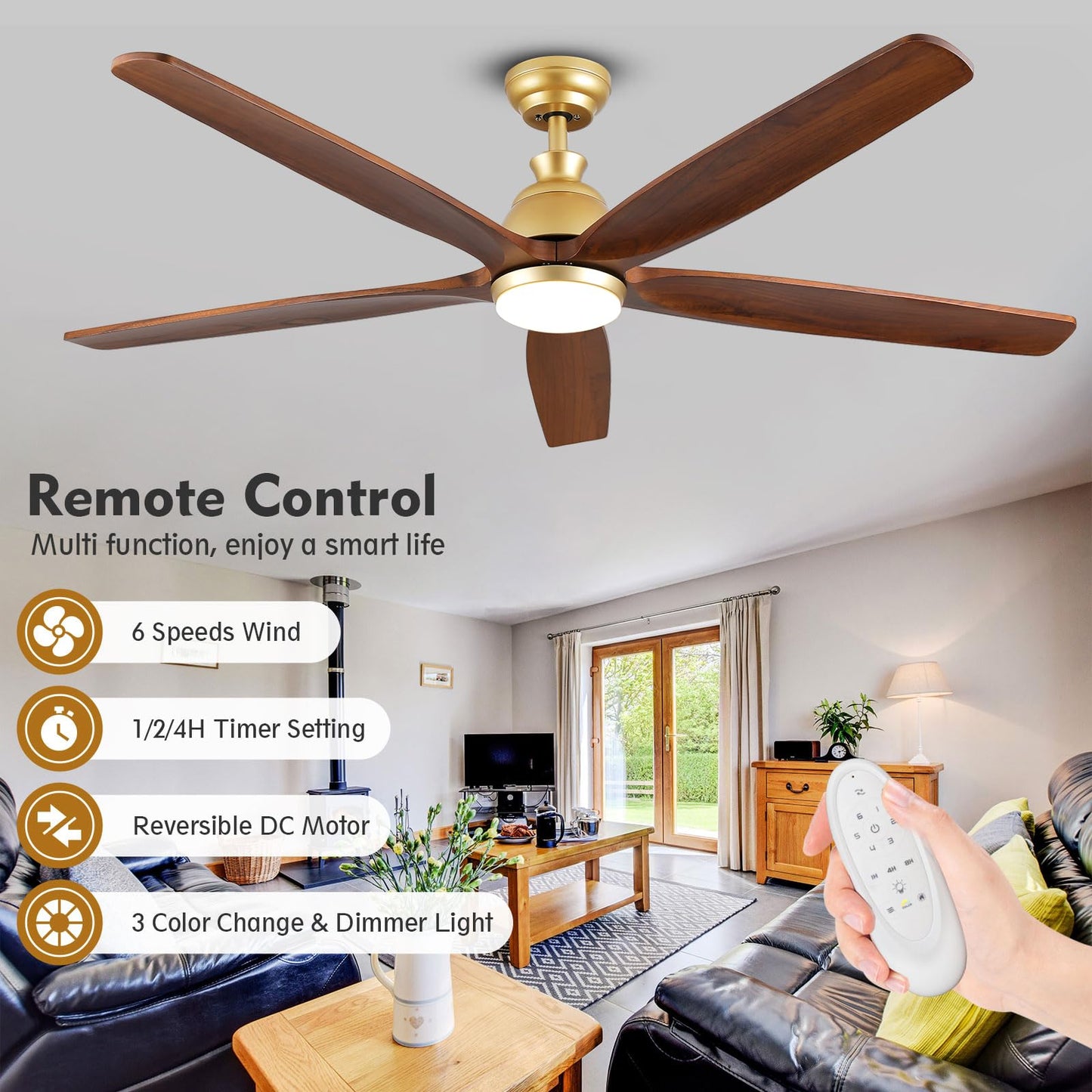 52 Inch Outdoor Ceiling Fans for Patios with Light, Large Airflow Ceiling Fan Indoor Exterior Ceiling Fan Damp Rated, Rustic Wood Ceiling Fan Gold for House Porch Gazebo Commercial, Quiet DC  - WoodArtSupply