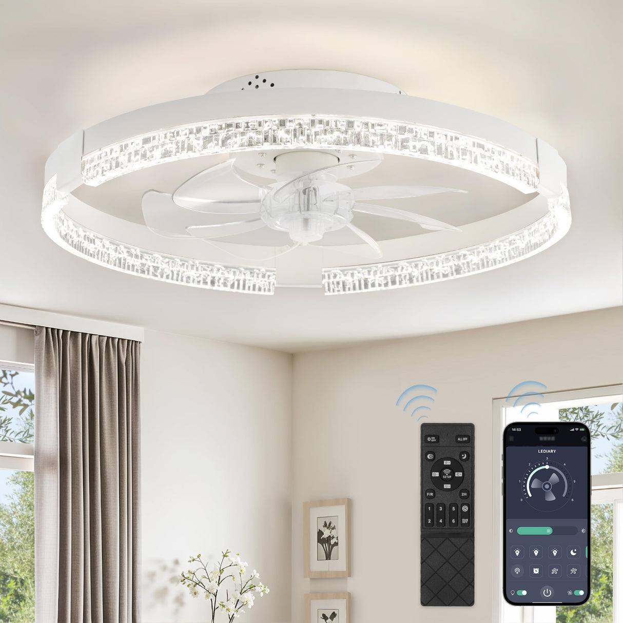 LEDIARY Flush Mount Ceiling Fan with Lights and Remote, 19.7'' Low Profile, 3000-6000K Dimmable Fandelier, 6 Wind Speeds, White Modern LED Fan Light for Bedroom LEDIARY