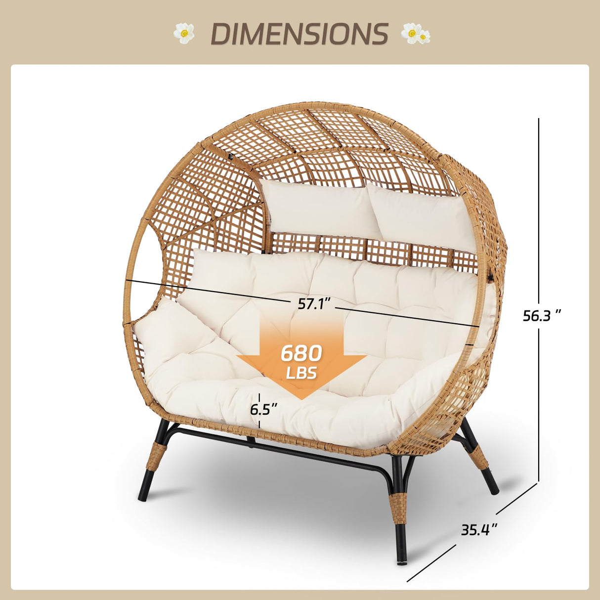 BULEXYARD Double Egg Chair Indoor Outdoor 680lbs, 2 Person Brown Wicker Oversized Stationary Egg Chair with Beige Thick Cushion, Patio Wide Lounge Loveseat with Legs for Balcony, Porch BULEXYARD