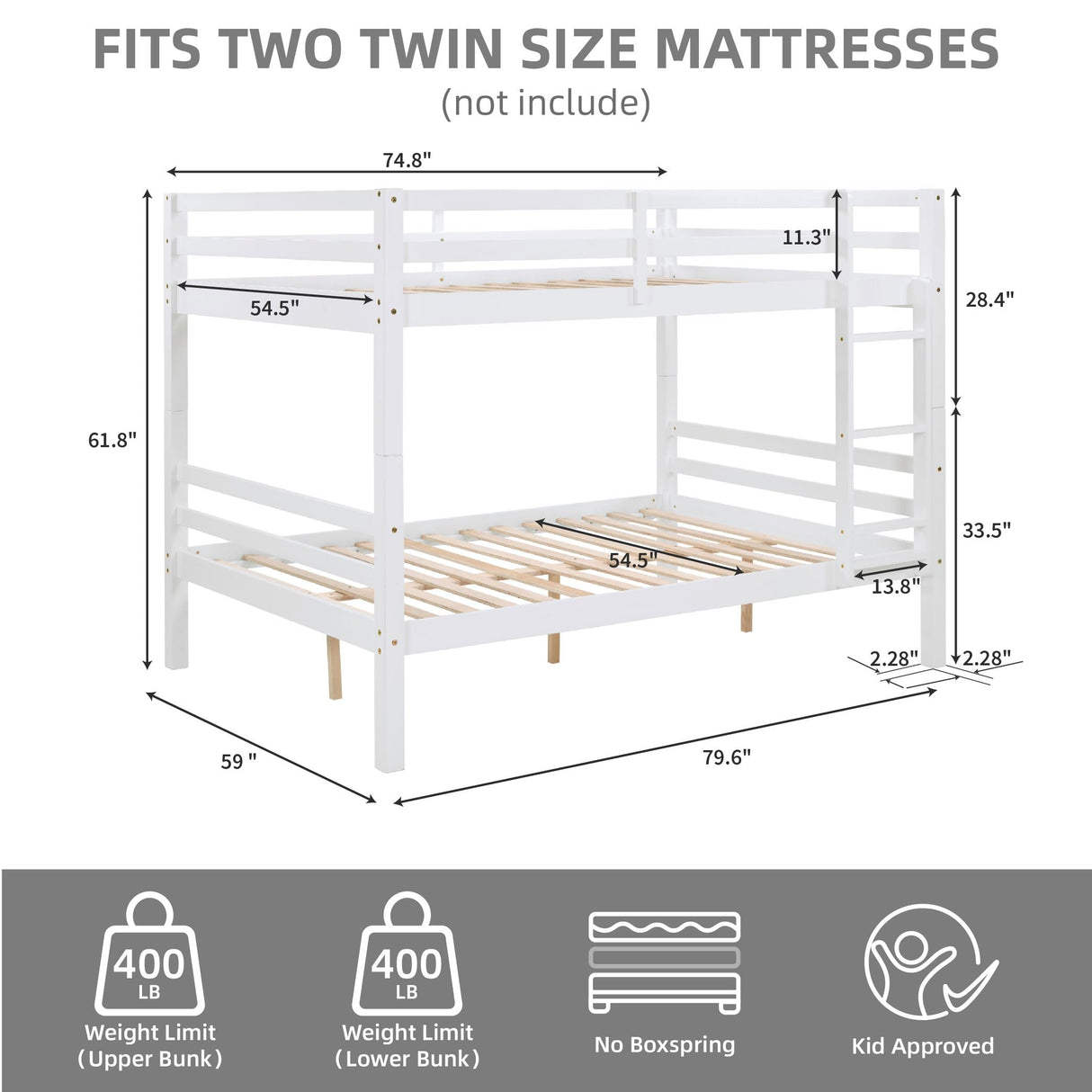 FLEXISPOT Full Over Full Solid Wood Bunk Bed with Thick Posts,Wooden Bunk Bed with High Guardrail and Ladder for Kids, Teens, Dorm Rooms, and Guest Rooms,No Box Spring Needed,White FLEXISPOT