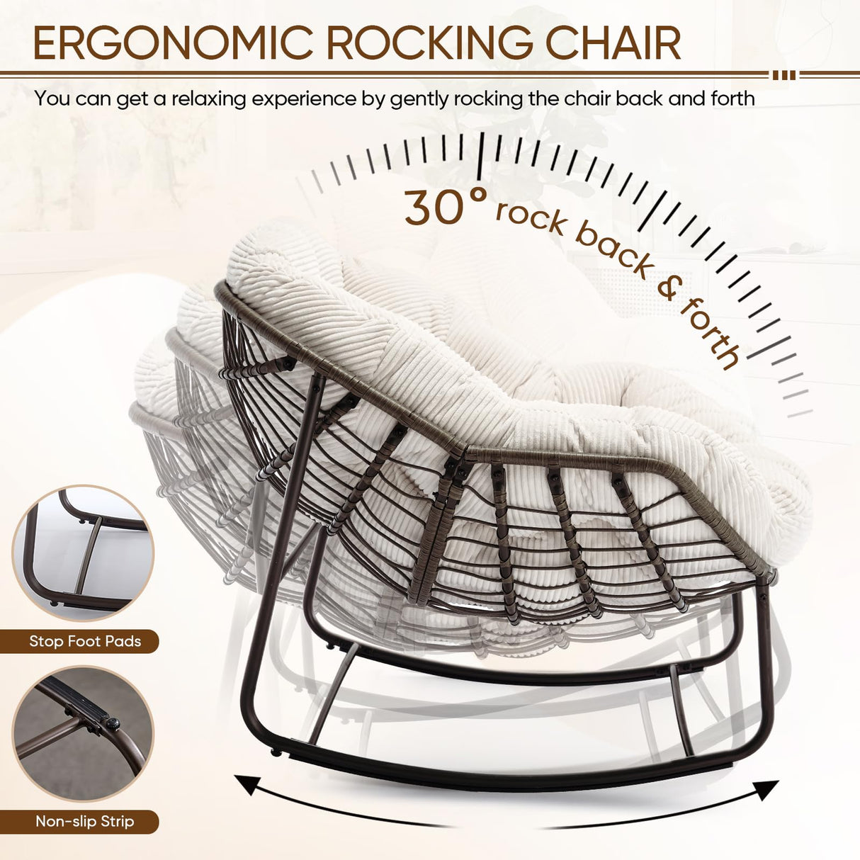 Large Indoor Rocking Chair, Oversized Rocking Papasan Chair with Thick Cushion and Frame,Comfy Corduroy Rocker Wicker Egg Chairs Lounge Reading Chair for Living Room, Bedroom, Apartment, White SLEERWAY