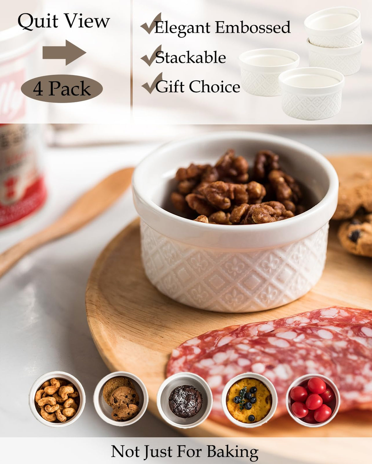 Ramekins for Creme Brulee, 9 ounces Set of 4 Lava Cake, Pudding, Souffle, Small Sauce Bowl, Ceramic Baking Dishes Farmhouse Decor Arctic White MISSYSSIM