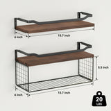 WOPITUES Floating Shelves with Wire Storage Basket, Bathroom Shelves Over Toilet with Protective Metal Guardrail, Wood Wall Shelves for Bathroom, Bedroom, Living Room, Toilet Paper- Dark Brown WOPITUES