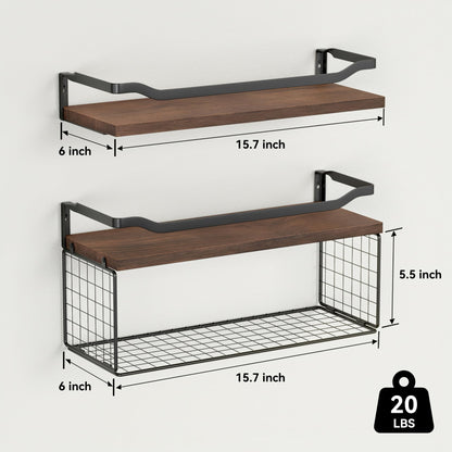 WOPITUES Floating Shelves with Wire Storage Basket, Bathroom Shelves Over Toilet with Protective Metal Guardrail, Wood Wall Shelves for Bathroom, Bedroom, Living Room, Toilet Paper- Dark Brown