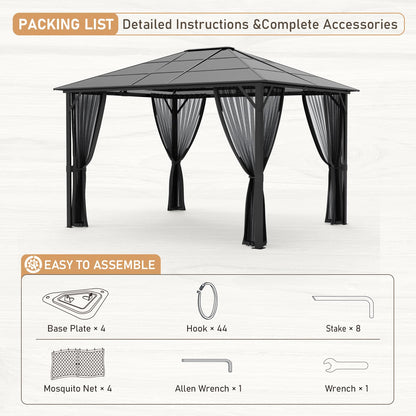 10x12 Hardtop Gazebos,Heavy Duty Gazebo,Outdoor Gazebo with Full Aluminum Frame,Polycarbonate Roof,Mosquito Netting,Permanent Metal Pavilion Gazebo for Backyards,Patios