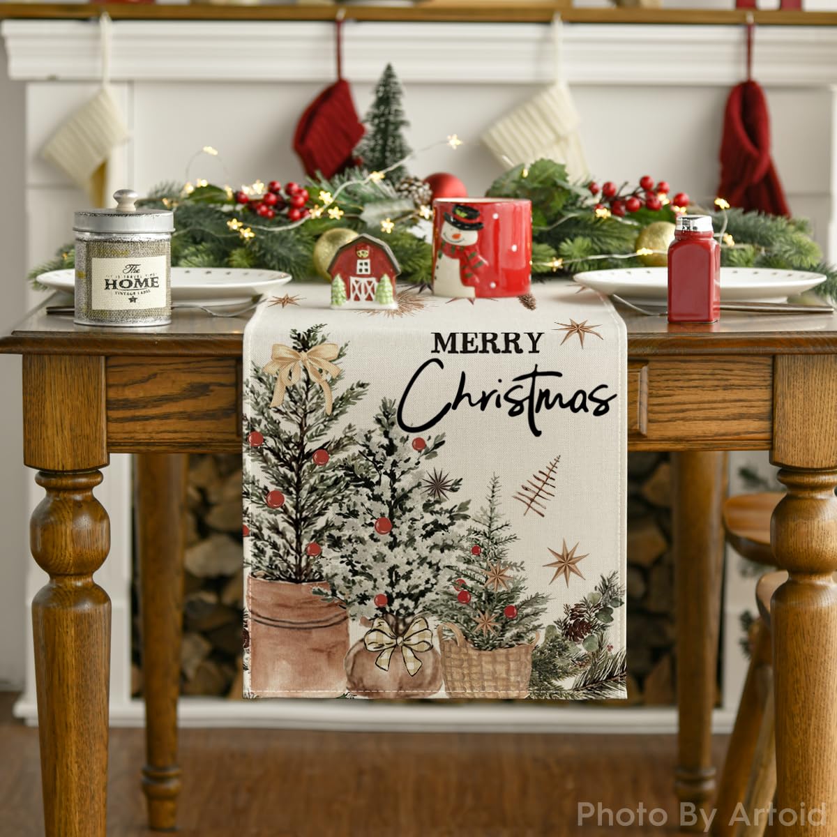 Artoid Mode Xmas Trees Holly Pine Cone Merry Christmas Table Runner, Seasonal Winter Kitchen Dining Table Decoration for Home Party Decor 13x72 Inch Artoid Mode