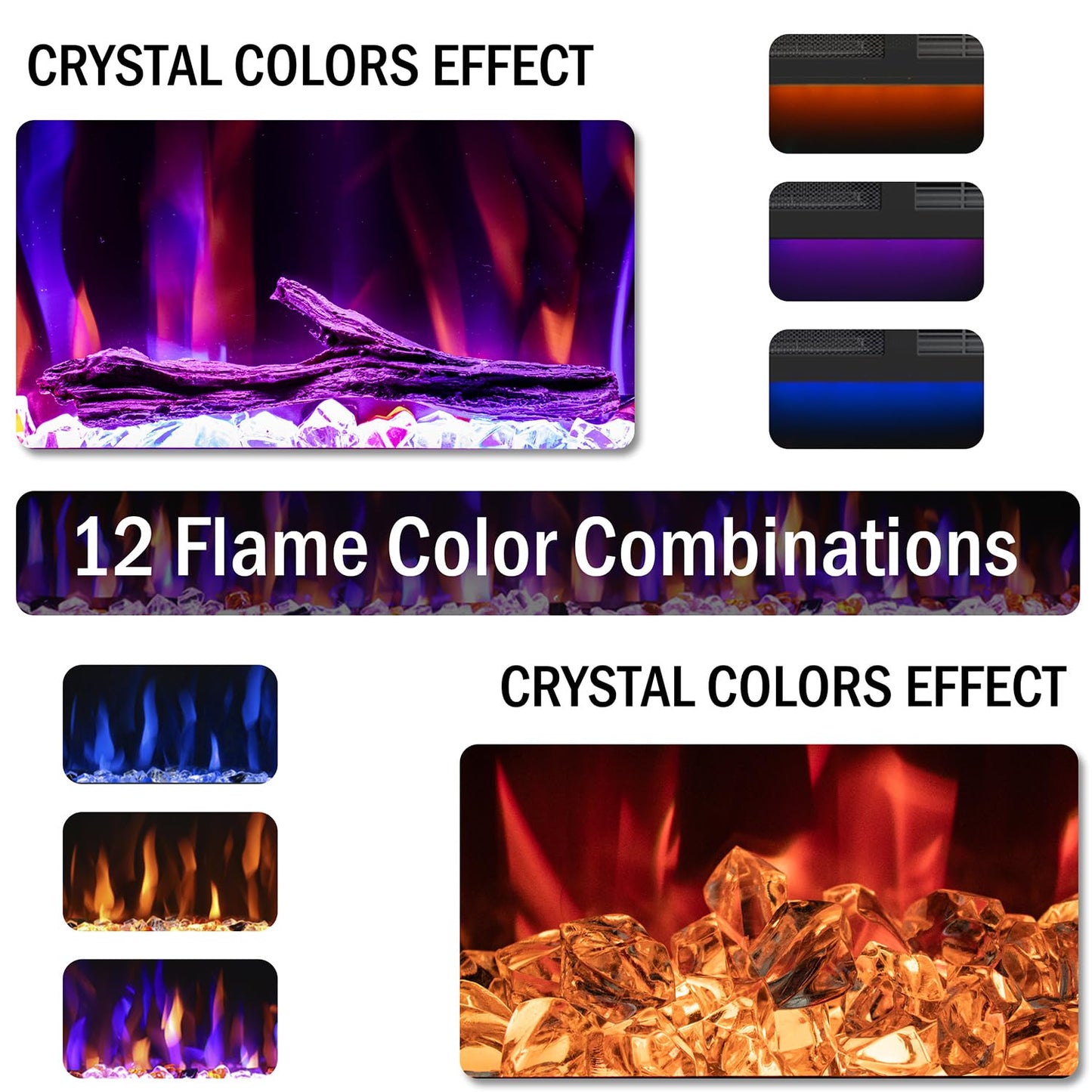 Mystflame 72 inch Electric Fireplace - Ultra Slim Frame - in Wall Recessed & Wall Mounted - Multicolor Flame - Log & Crystal Hearth - 1500/750 Watt Heater - Remote Control & Touch Screen- Timer