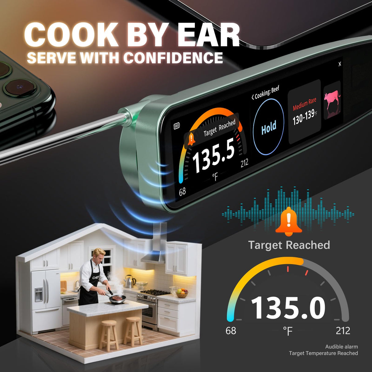 AWLKIM 0.5s Instant Read Smart Meat Thermometer Digital, 3.8″ HD Touchscreen with Temp-OS, Professional Kitchen Food Thermometer for Cooking, Grill, BBQ | ±0.5°F, −58–572°F, IP68, USB-C Rechargeable AWLKIM