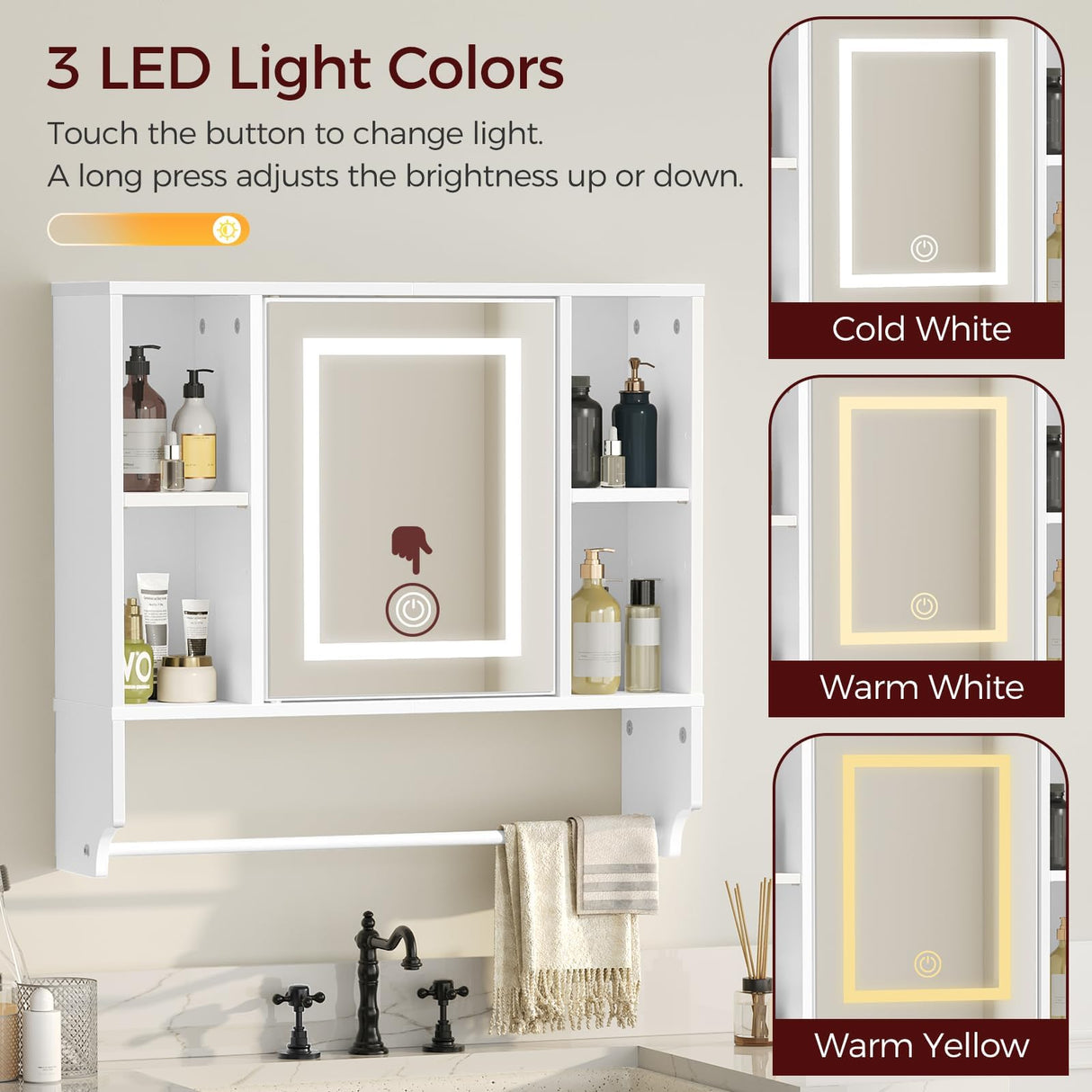 MAHANCRIS Bathroom Wall Cabinet with Mirror, Wall Mounted Medicine Cabinet with Color Adjustment LED Lights, Mirrored Over The Toilet Storage Cabinet with Adjustable Shelves, 23.6''W x 21.6''H, White MAHANCRIS