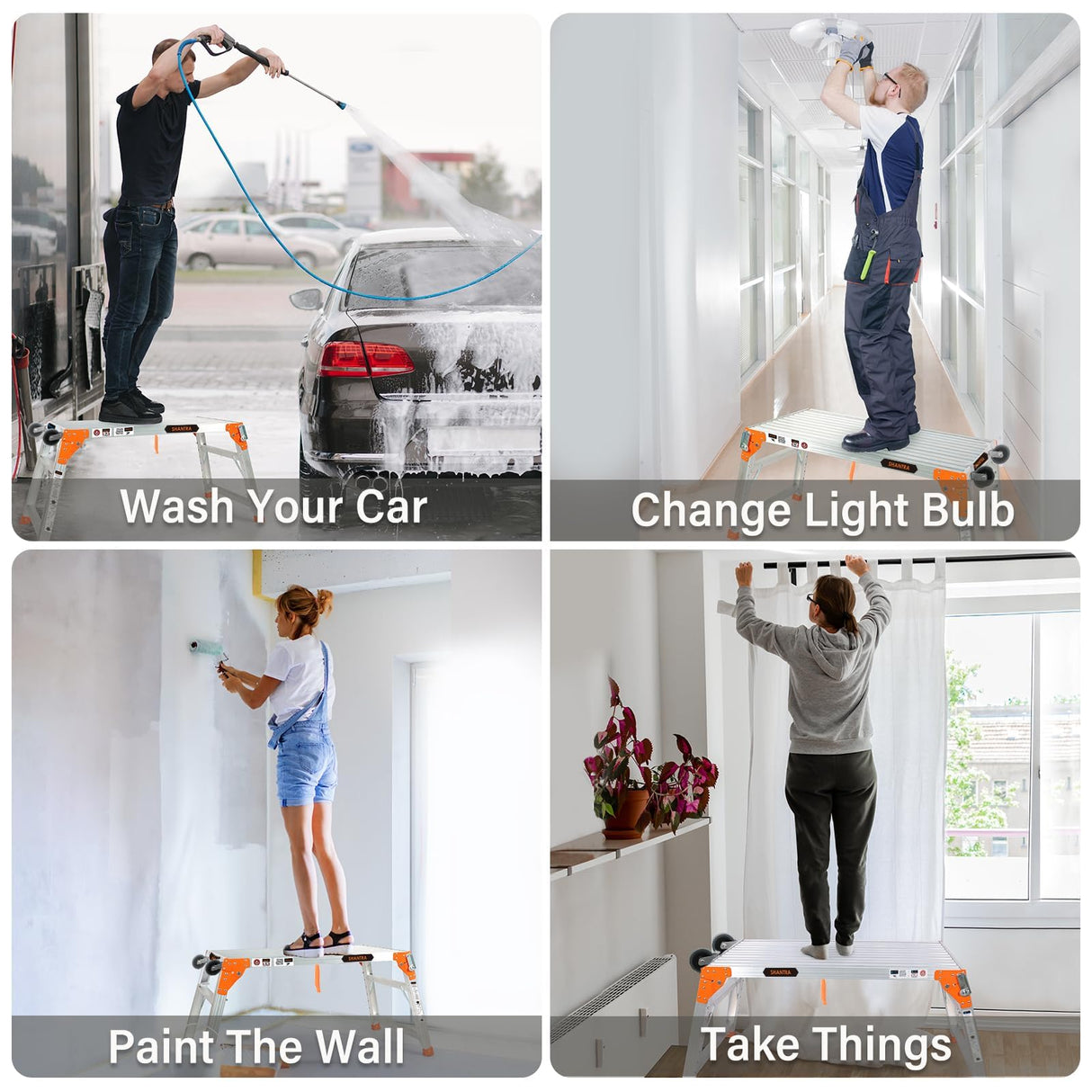 Multifunctional & Adjustable Work Platform with Wheels, 330 lbs Capacity, 24 to 35 inches Step Ladder, Aluminum Folding Scaffolding Ladder, Heavy Duty Portable Bench Ladder Stool with Non-Slip Feet SHANTRA