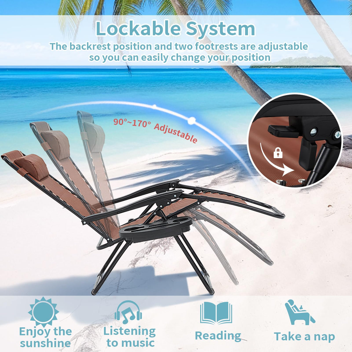 Zero Gravity Chair Set of 2, Folding Reclining zero gravity recliner lounge Chair 330lbs with Pillow and Cup Holder Trays, Steel Mesh outdoor recliners for patio Poolside Backyard Beach (Brown) BUPPLEE