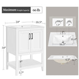 Yaheetech 24" Modern Bathroom Vanity with Sink, Bathroom Sink Cabinet with Rectangular Ceramic Basin, Bathroom Vanities Cabinet with 2 Doors and 1 Open Shelf, White Yaheetech