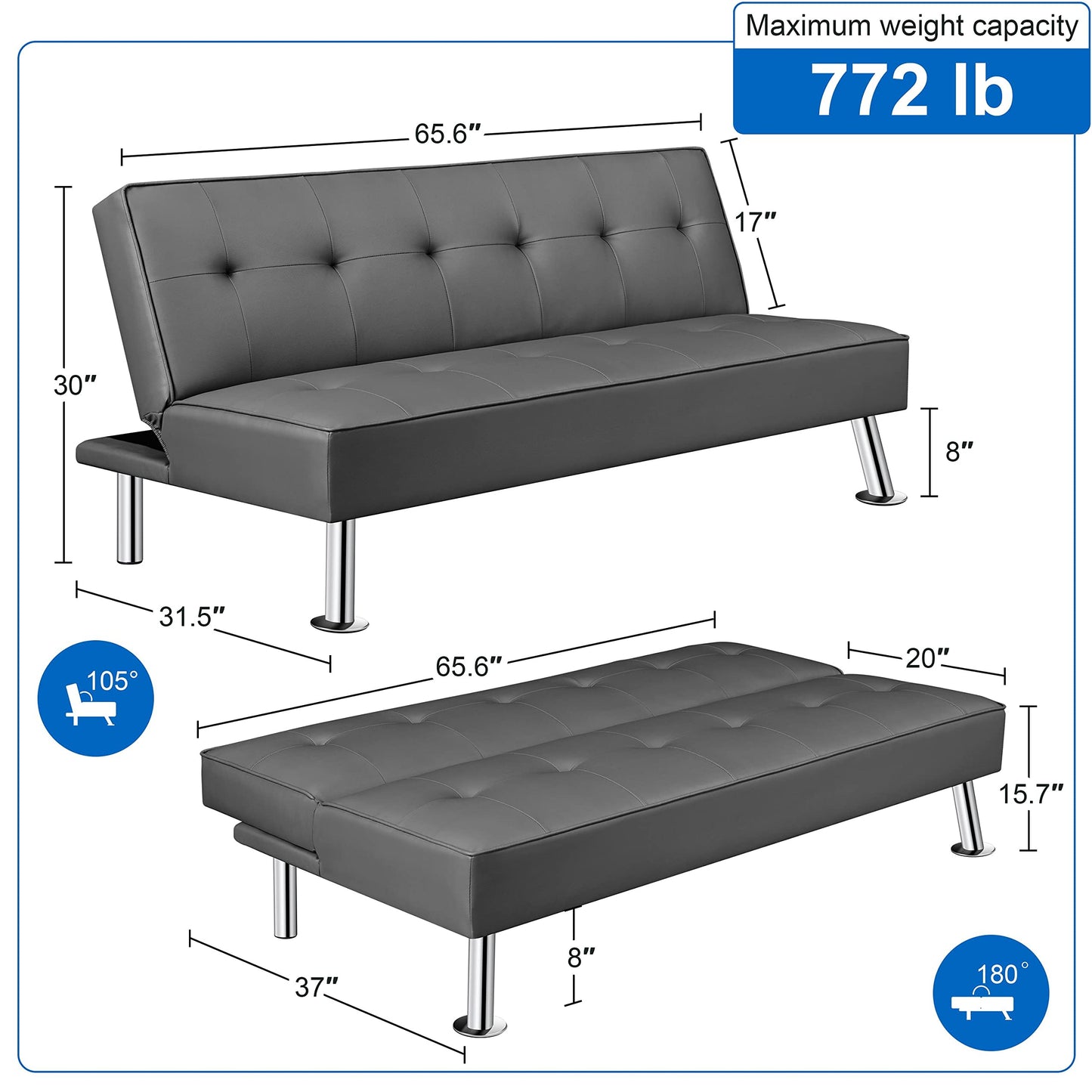 Yaheetech Convertible Sofa Couch Futon Bed Faux Leather Sofa Bed Sleeper Adjustable Loveseat Futon Couch Living Room Furniture with Chrome Metal Legs, Gray