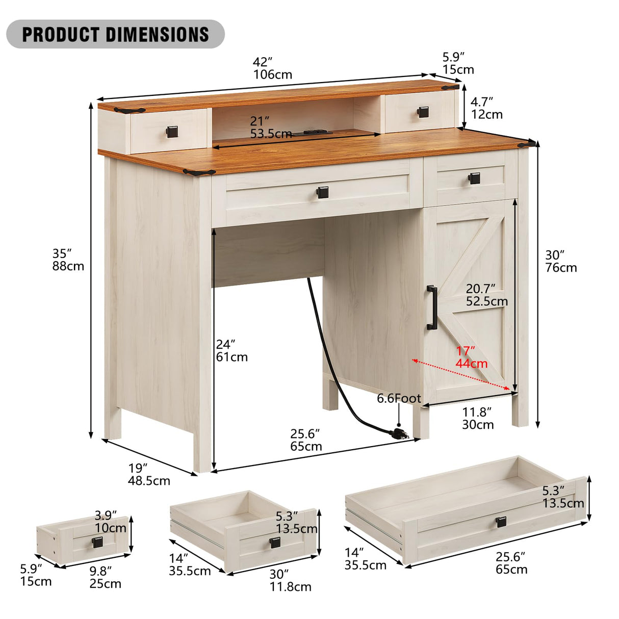 Trironsun Farmhouse Executive Desk with 4 Drawers Charging Station Large Home Office Desk with Storage Cabinet Rustic Computer Writing Desk for Work Study (Antique White) Trironsun