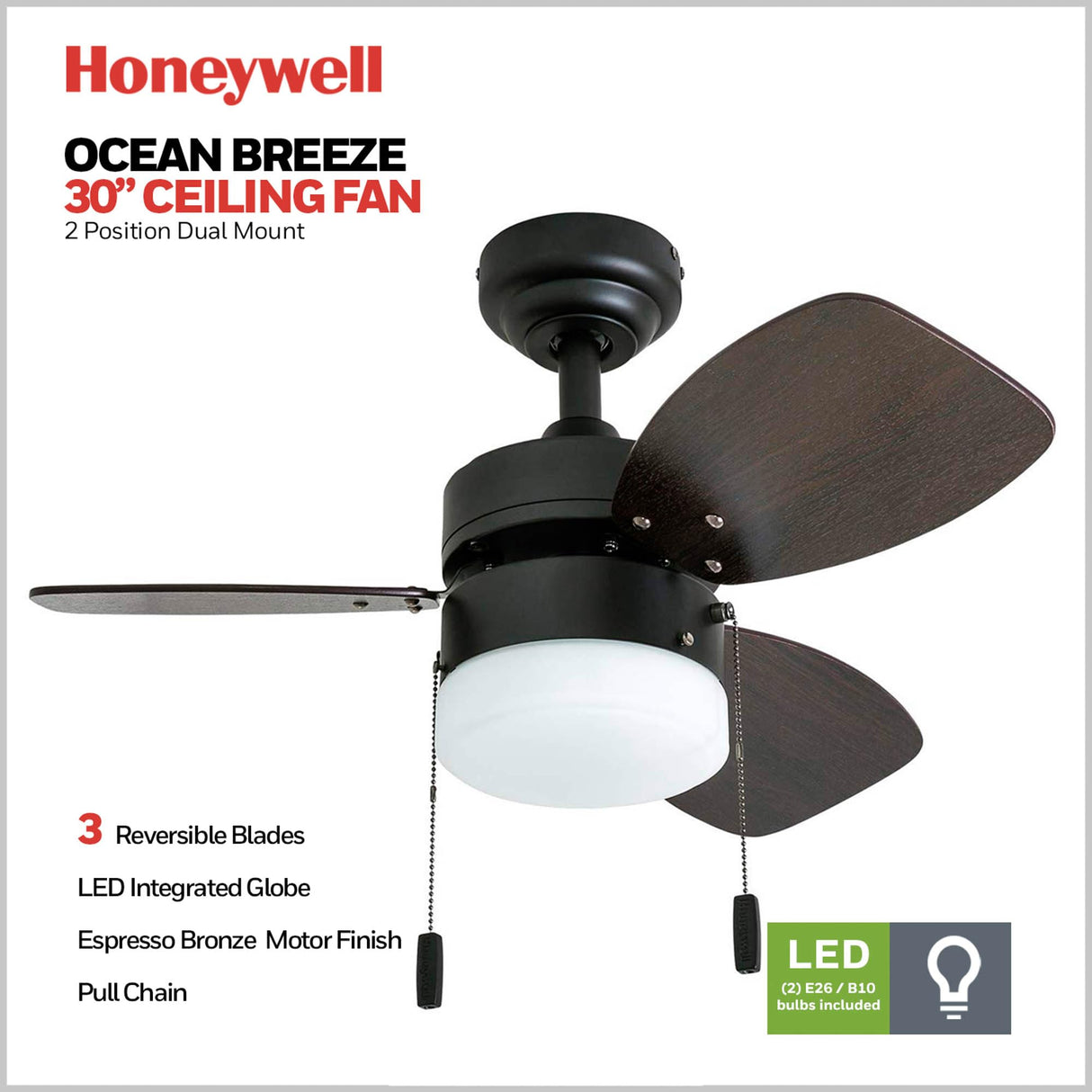 Honeywell Ceiling Fans Ocean Breeze Modern 30 Inch Ceiling Fan with Light, Pull Chain LED Indoor Fan with 3 Blades, Dark Brown Chestnut and Light Oak Blade Finish Options, Gilded Espresso (50602-01) Honeywell Ceiling Fans