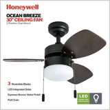 Honeywell Ceiling Fans Ocean Breeze Modern 30 Inch Ceiling Fan with Light, Pull Chain LED Indoor Fan with 3 Blades, Dark Brown Chestnut and Light Oak Blade Finish Options, Gilded Espresso (50602-01) Honeywell Ceiling Fans