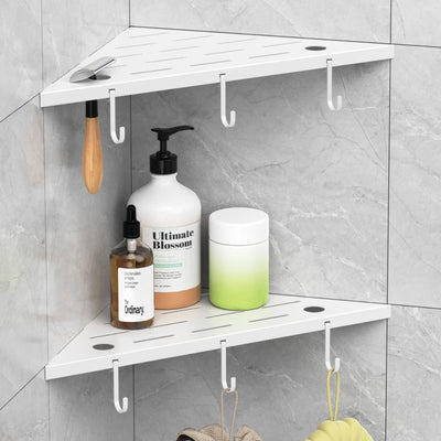 SZWQILIN Corner Shower Shelves, 10" White 304 Stainless Steel Recessed Shelf for Bathroom，Grout in Shelf with Hooks for Tiled Wall 2 Pack (White)