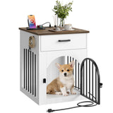 CHOEZON Dog Crate Furniture, Wooden Dog House with Charging Station and Storage Drawer, Indoor Pet Crate End Table for Small Breeds, for Living Room, Bedroom, White and Walnut MGW01UWL CHOEZON
