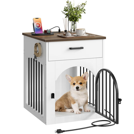 CHOEZON Dog Crate Furniture, Wooden Dog House with Charging Station and Storage Drawer, Indoor Pet Crate End Table for Small Breeds, for Living Room, Bedroom, White and Walnut MGW01UWL CHOEZON