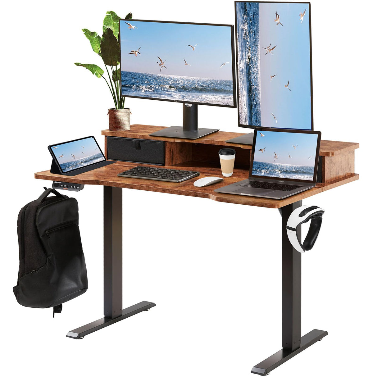 VEVOR Standing Desk with Shelves 47.2 x 23.6 Inch Height Adjustable Desk Dual Monitor Riser Workstation Adjustable Desk 3-Key Modes Sturdy Dual Metal Frame 180LBS Capacity for Home Office VEVOR