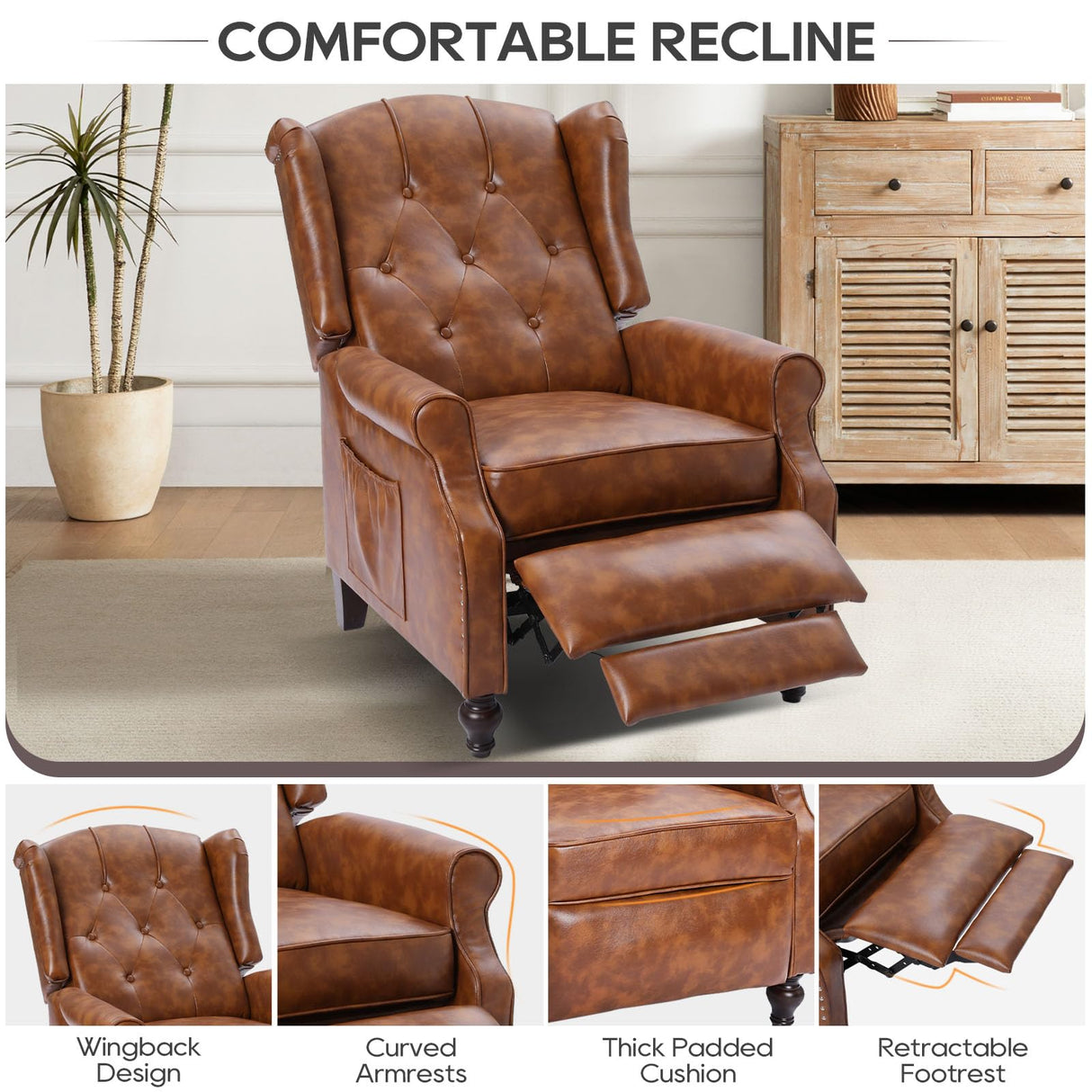 P.H.Furn Wingback Recliner Chair with Massage and Heat, Tufted Back PU Leather Living Room Armchair with Nailhead Trim,Push Back Recliner Chair with Remote Control,Padded Cushion (Tawny Brown) P.H.Furn