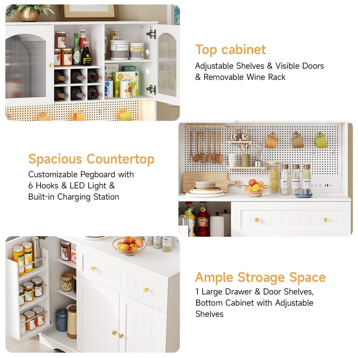 ONBRILL 71" Pantry Storage Cabinet with Microwave Shelf & Door Shelves, Kitchen Wood Pantry with Outlet & LED Light, Kitchen Hutch with DIY Pegboard & 6 Hook, Modern Cabinet with Drawer & Wine Rack ONBRILL