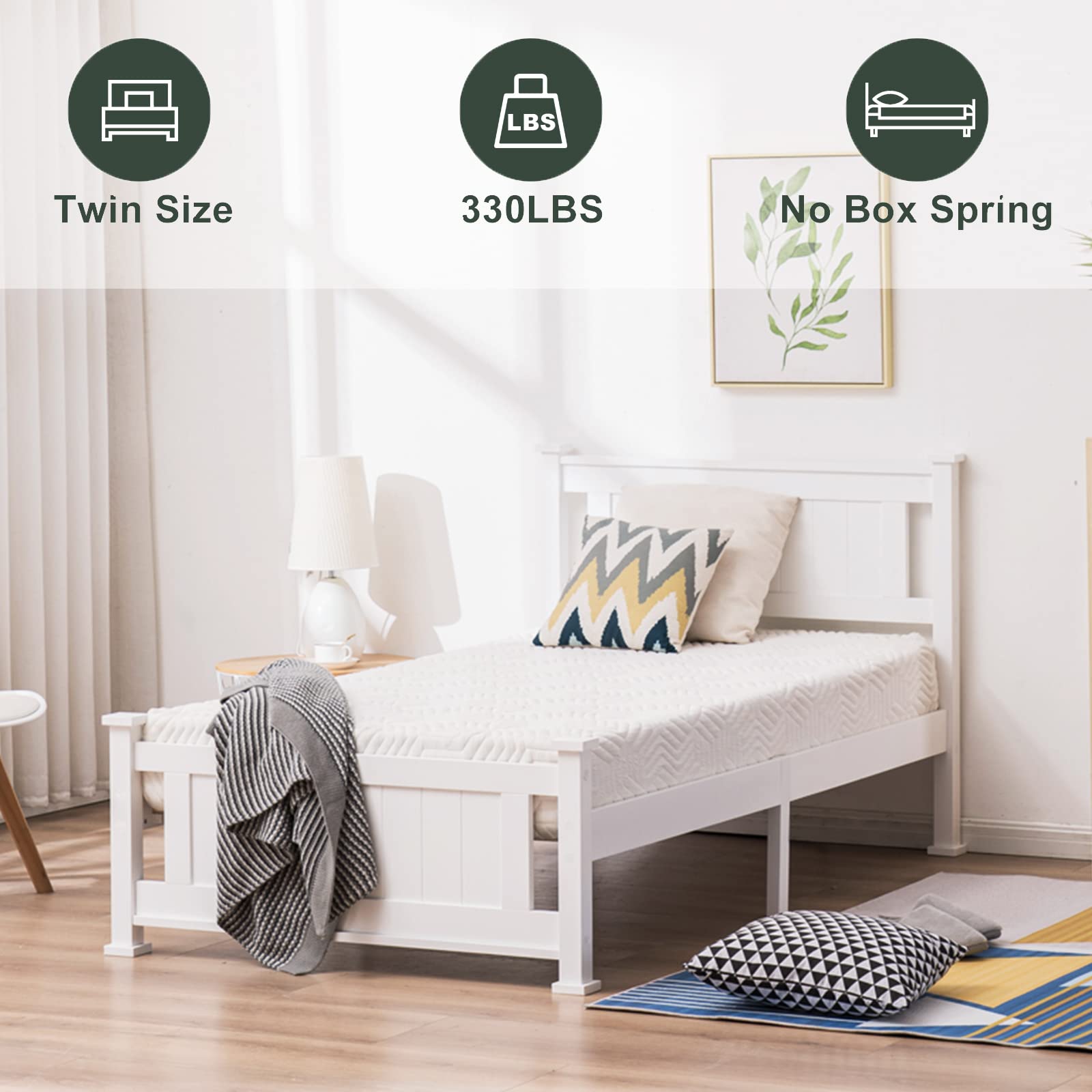 VINGLI Twin Solid Wood Bed Frame with Headboard – Modern White Platform Design, No Box Spring Needed - WoodArtSupply