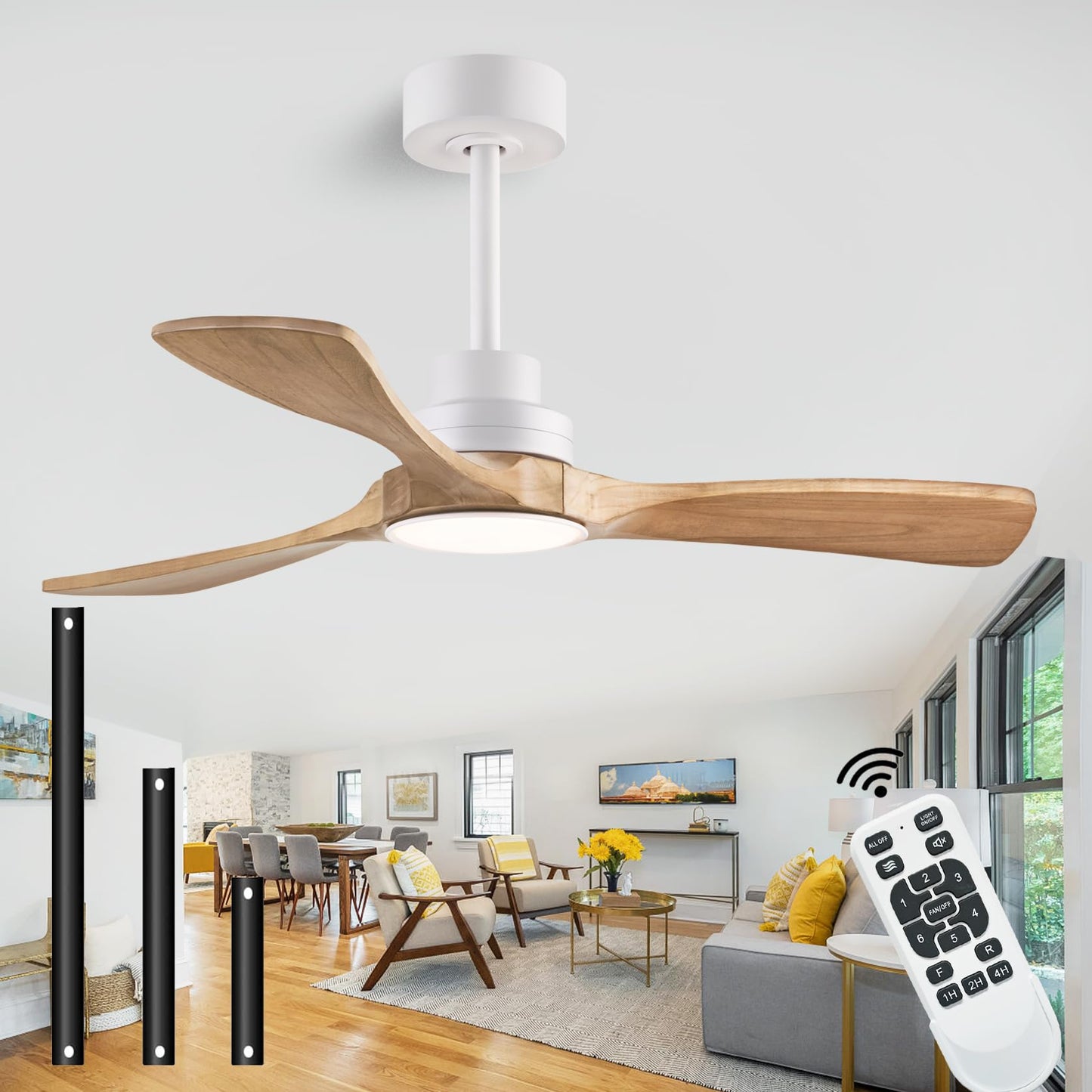 dearnow 42" Ceiling Fans with Lights with Remote Control, Indoor Outdoor Wooden Ceiling Fan with 3 Wooden Blades for Patio, Living Room, Dining Room, Farmhouse and More. (White + Log Color)…