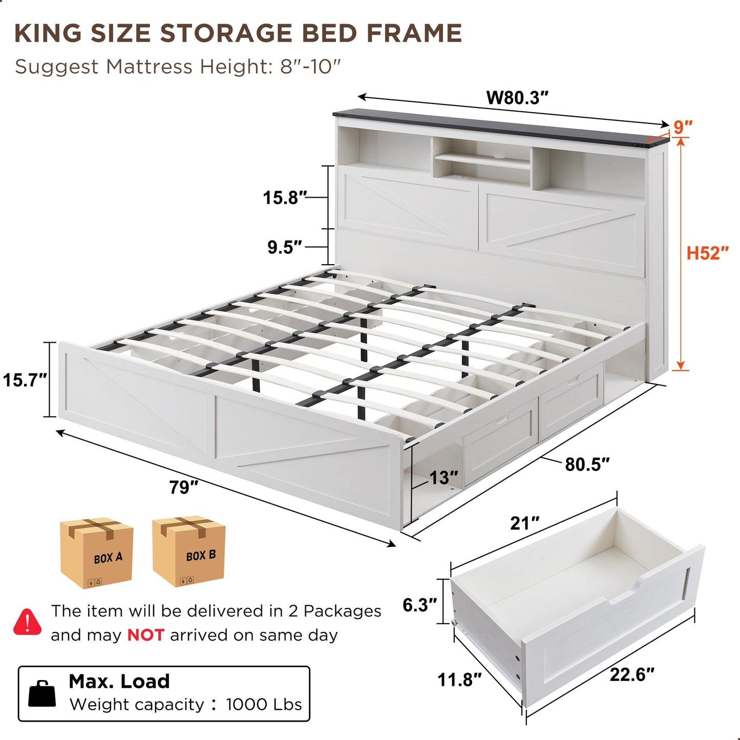 ACCOHOHO Luxury White King Size Farmhouse Wood Bed Frame with 52" Storage Headboard, LED Light, Charging Station & 4 Drawers - WoodArtSupply