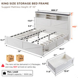 ACCOHOHO Luxury White King Size Farmhouse Wood Bed Frame with 52" Storage Headboard, LED Light, Charging Station & 4 Drawers ACCOHOHO