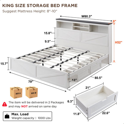 ACCOHOHO Luxury White King Size Farmhouse Wood Bed Frame with 52" Storage Headboard, LED Light, Charging Station & 4 Drawers - WoodArtSupply