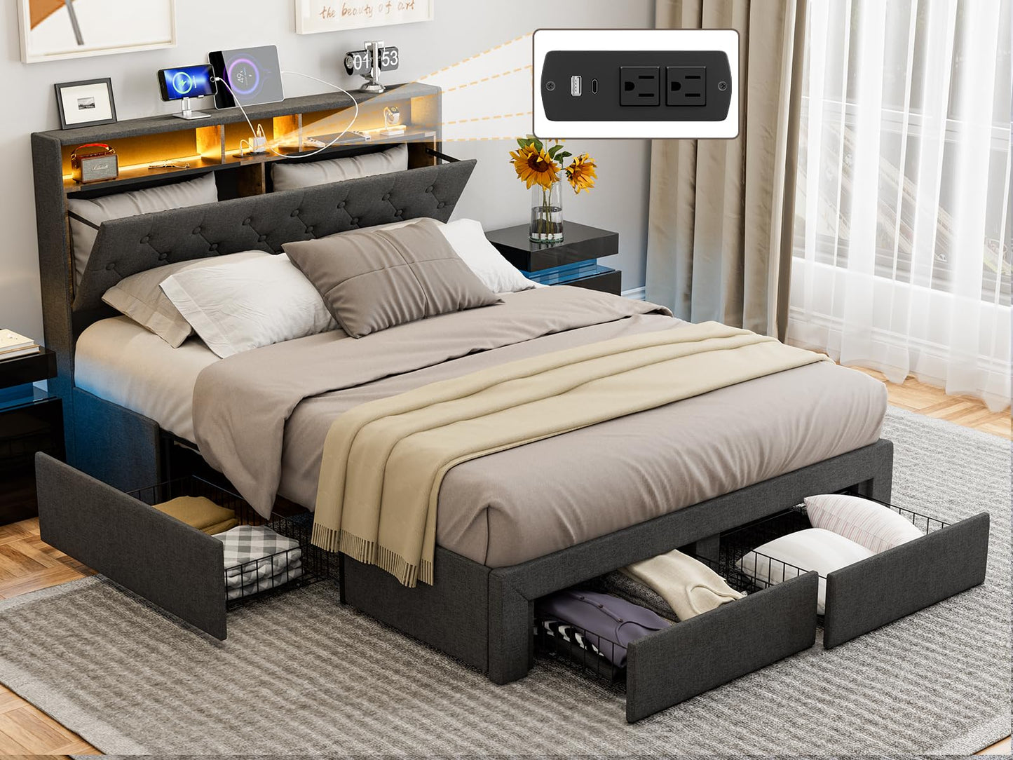 IKIFLY Dark Grey Queen Bed Frame with Storage Drawers, Charging Station & LED Lights - WoodArtSupply