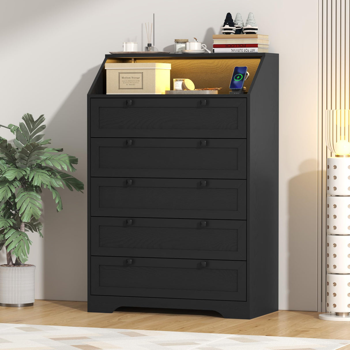 BORNOON 5 Drawer Tall Dresser with LED Lights & Charging Station, Modern Wood Chest of Drawers for Bedroom, Storage Dresser with Metal Handles & Anti-Tip Kit for Closet, Living Room, Entryway BORNOON