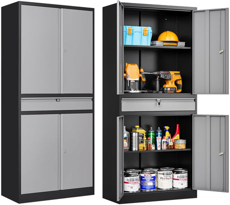 Metal Garage Storage Cabinet with Doors and Shelves,Metal Storage Cabinet with Lock and Drawer,Metal Cabinet with Locking Doors,4 Door Steel Cabinet,71" Lockable Storage Cabinet for Garage,Home,Office SISESOL