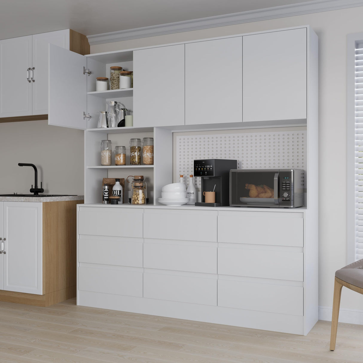 Jiaoun 78x71 LED Kitchen Pantry Cabinets with Microwave Stand,Socket,Large/Tall Kitchen Storage Cabinet with 6 Compartments and 9 Drawers,Duitable for Restaurants,Kitchens Jiaoun