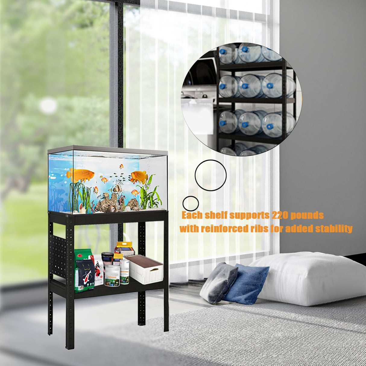 20 Gallon Fish Tank Stand, Metal Aquarium Rack for Fish Tank, Reptile Tank Stand with Cabinet, Length and Height Adjustable, Bookshelf & Storage Shelves with Pegboards for Home Office (2 tier/22.4in) GFFQLXHT