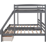 Triple Bunk Bed Full Over 2 Twin Bunk Bed for 3, Wood Triple Bunk Bed with 3 Drawers and Guardrails, 3 Bunk Bed for Teens, Kids, Boys, Girls, Teens, Adults No Box Spring Needed Flieks