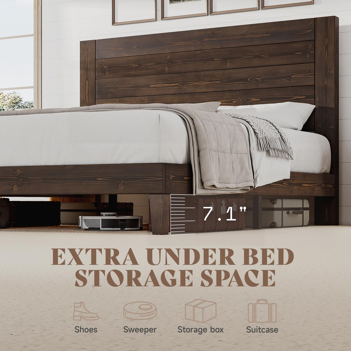 Mid-Century Modern Queen Size Solid Wood Bed Frame with 48" Headboard – Sturdy, Noise-Free Design in Dark Brown AMERLIFE