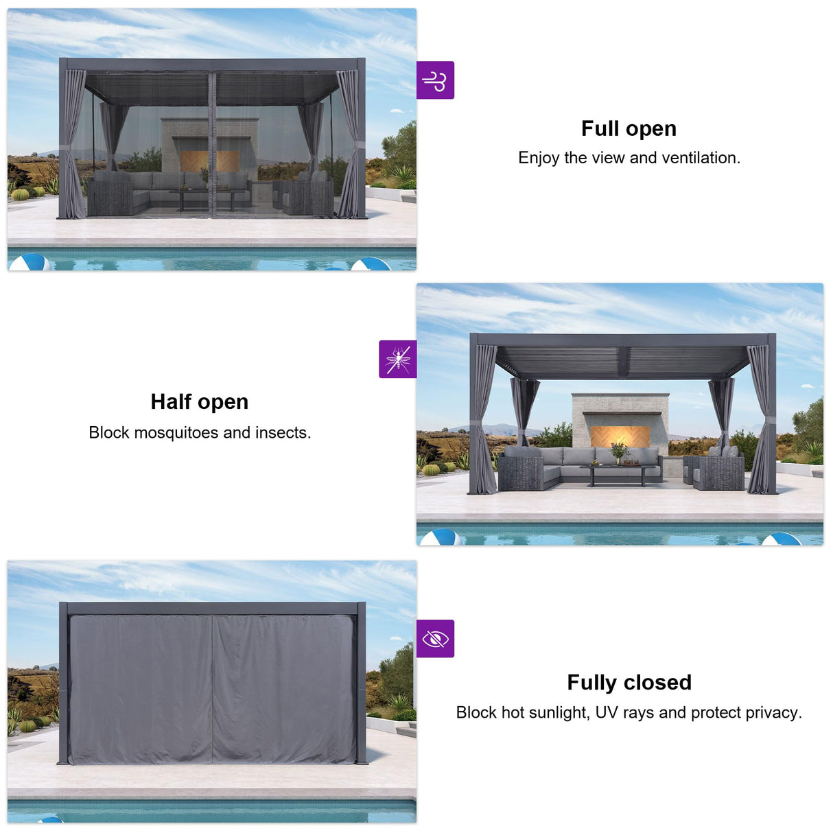 PURPLE LEAF Louvered Pergola 12' x 16' Outdoor Aluminum Modern Gray Pergola with Privacy Curtains and Mesh Netting Adjustable Louvered Roof Durable All-Weather Gazebo PURPLE LEAF