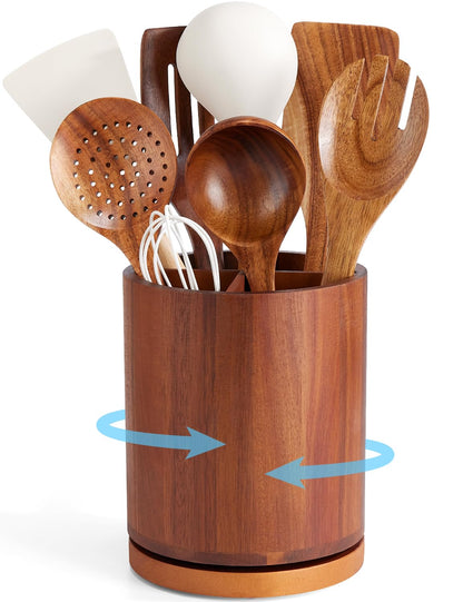 Yangbaga 360° Rotating Utensil Holder, Acacia Wooden Utensil Holder, 7.2" Large Wood Kitchen Utensil Holder for Kitchen Counter, Farmhouse Kitchen Decor