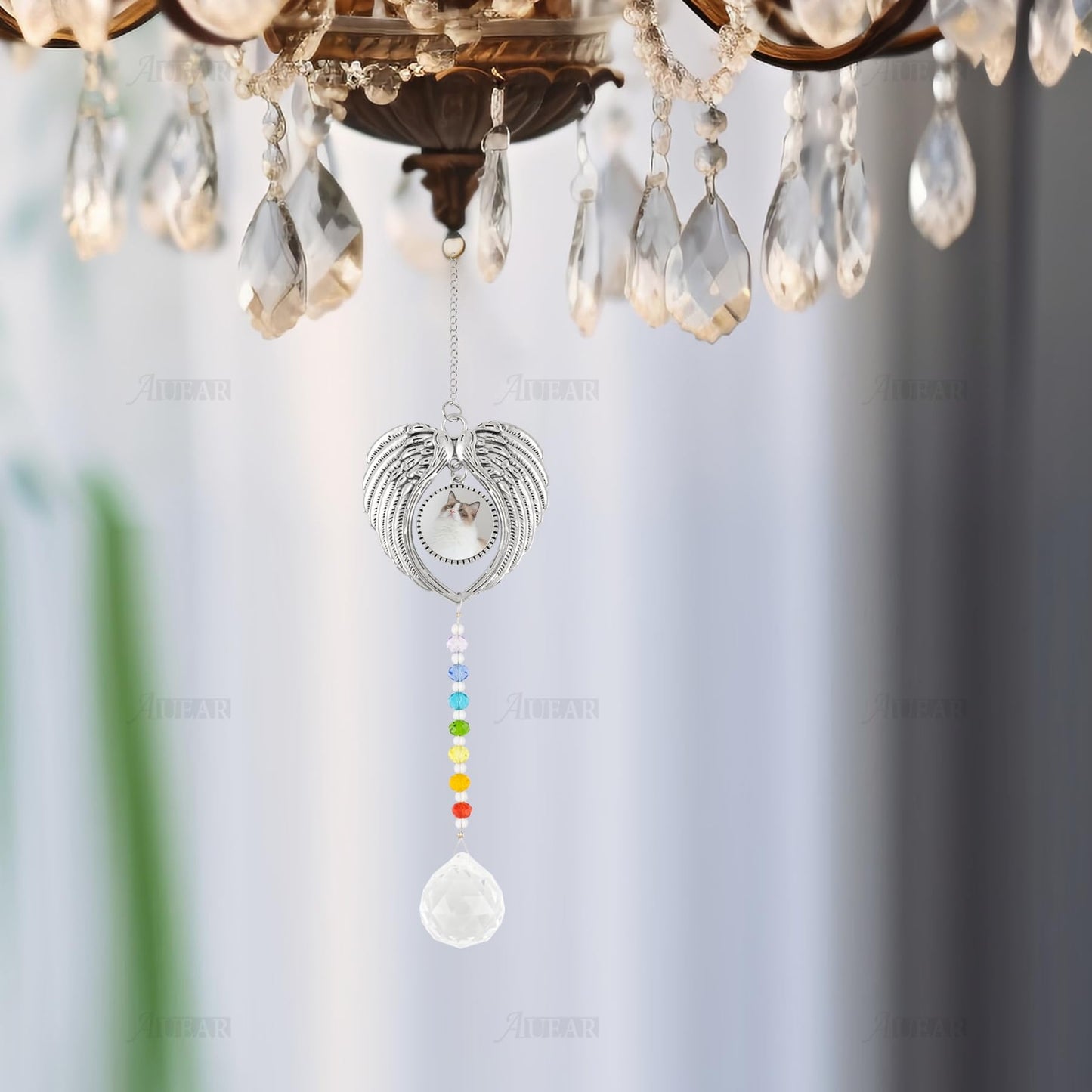 AUEAR, Sublimation Blank Angel Wing Hanging Ornament Window Wall Decor Hanging with 7 Chakra Crystal Ball Charm for Home Car Christmas Tree Decor