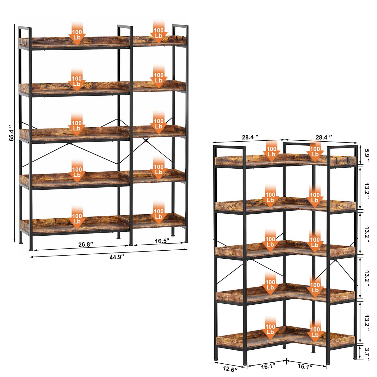 KOUSEI 5-Tier Bookshelf Reversible,Corner Bookcase 4 Hooks,65" Industrial Wooden Bookcase with Open Wide Shelves and Metal Frame for Living Room, Bedroom, Home Office,Rustic Brown KOUSEI